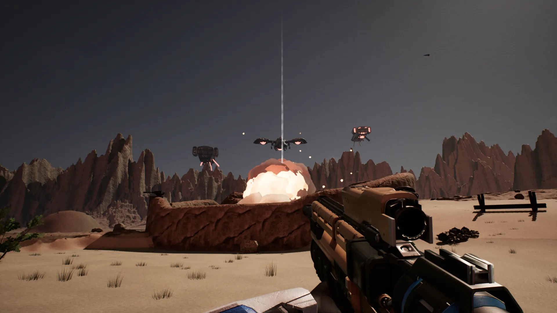 First-person rifle fire at a walled desert post as a shell bursts on it, dropships overhead