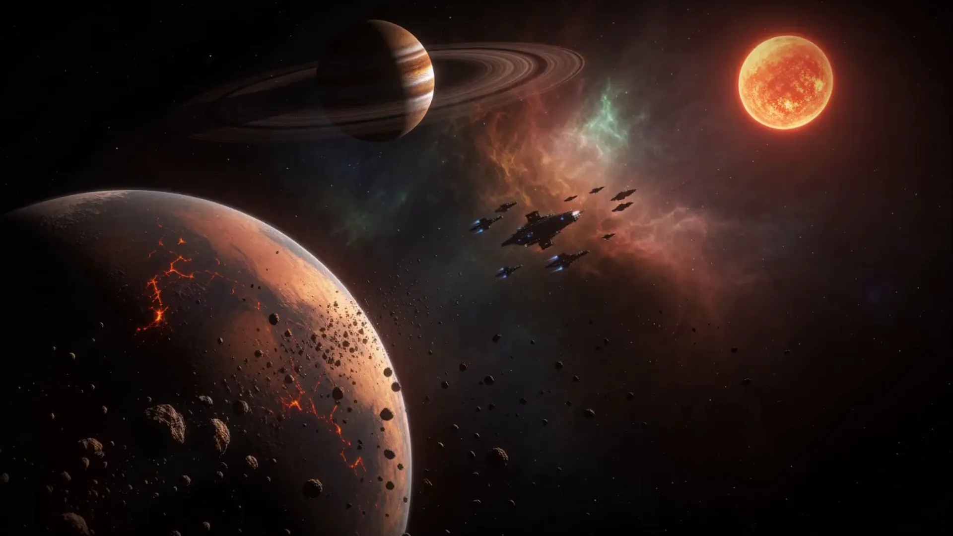 A rim system: a cracked red world, a ringed giant, a red sun and a fleet passing
