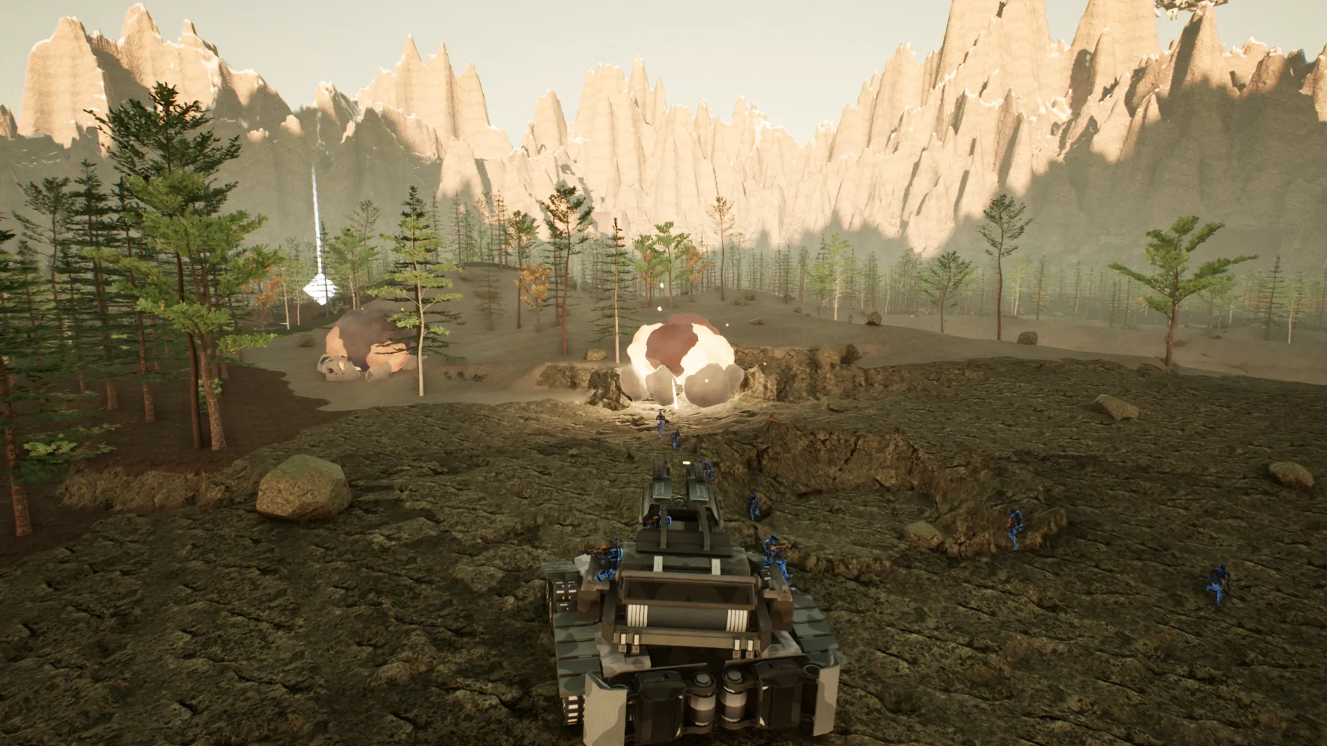 A tank rolling toward a post with droids riding it as its shell explodes ahead